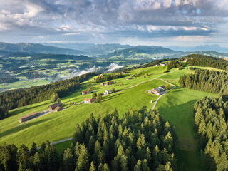 aerial panorama landscape in sunny morning light in the Bregenz Forest mountains, Vorarlberg, Austria