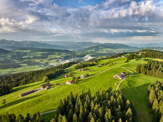 aerial panorama landscape in sunny morning light in the Bregenz Forest mountains, Vorarlberg,...