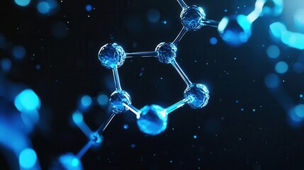 Inorganic molecule network, 3D render, neon blue glow, floating in dark space, sharp focus