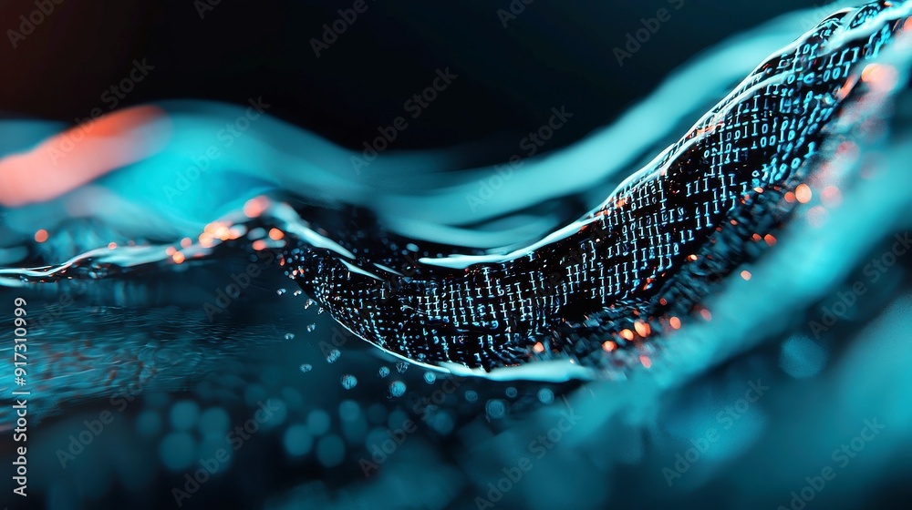 Poster abstract digital binary code wave, flowing patterns of zeros and ones, vibrant hues, dynamic movemen