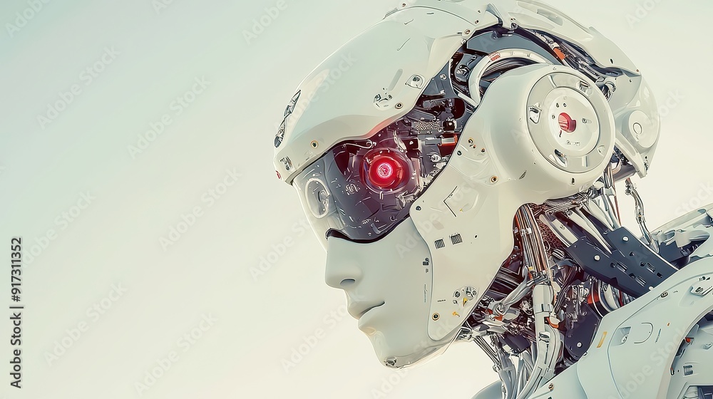 Poster autonomous ai robot pilot in open space, showcasing a futuristic robotic design navigating through a
