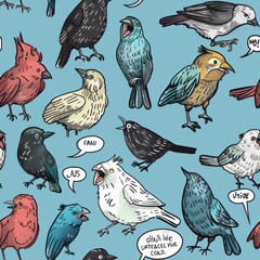Obraz premium Colorful cartoon birds singing with speech bubbles.