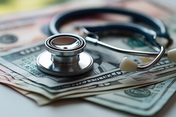 Stethoscope Placed on Top of Euro Banknotes, Representing Healthcare Costs and Financial Aspects of Medical Services, with White Background and Copy Space

