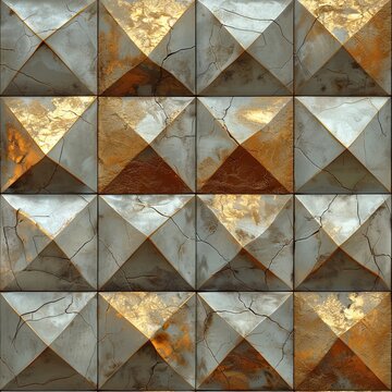 Seamless pattern of golden and black triangles on a marble background