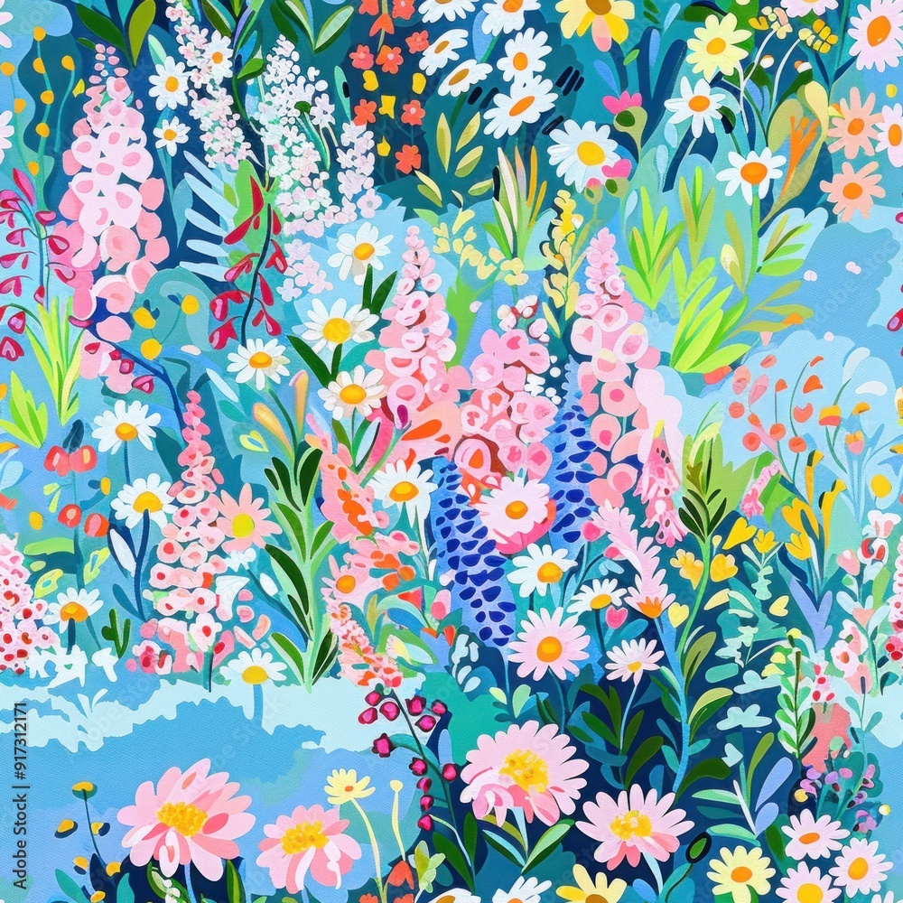 Poster Colorful Floral Pattern with Blue Background.