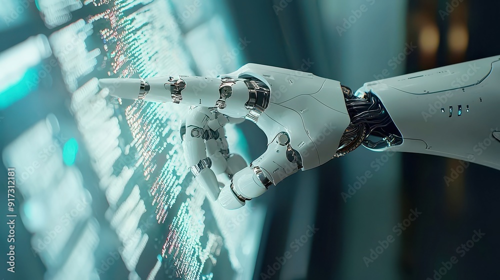 Poster digital robot hand gesturing towards a vibrant holographic display filled with cascading data stream