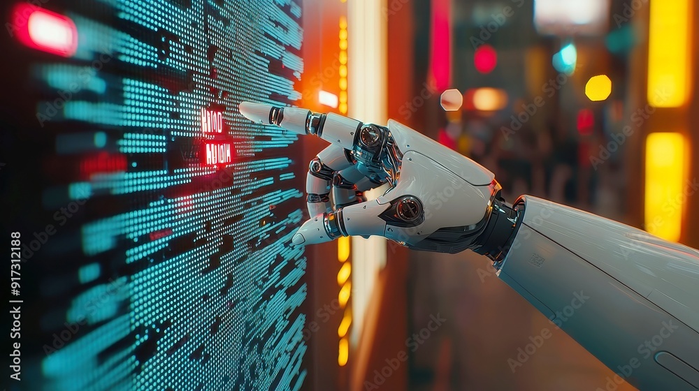 Poster digital robot hand gestures at a vibrant holographic display filled with dynamic data streams, illum
