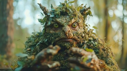 Obraz premium Creepy Forest Creature, a haunting monster lurking among the trees, shrouded in shadows, evoking a sense of eerie mystery in the depths of the woods.