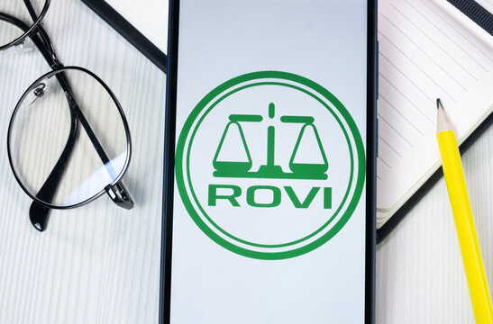 New York, USA - 1 August 2024: Laboratorios Farmaceuticos Rovi Logo on Phone Screen, Company Icon on Display