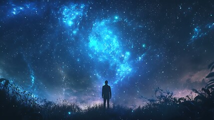 Fototapeta premium A Solitary Figure Gazing at a Celestial Display of Blue Nebulae and Stars