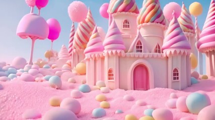 Walk through a sugary dreamland with pastel castle and candy trees under a blue sky. Whimsical candy land landscape with swirling lollipop towers and gummy pathways
