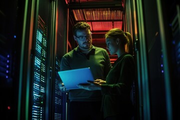 Obraz premium IT professionals working in data center with laptop