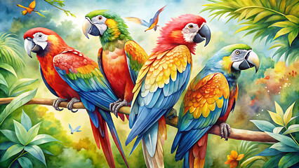 Obraz premium parrots perched jungle in a tree Rainbow Parrot, bird, canvas art, art work, hand drawn, Vibrant Modern Oil Painting of a Rainbow Parrot: Hand-Drawn Colorful Canvas Art