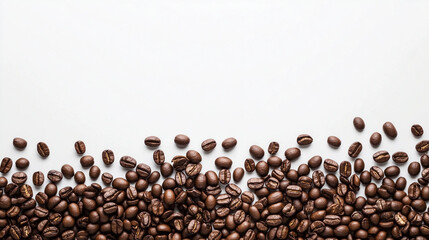 Obraz premium Scattered Coffee Beans on White Background with Copy Space