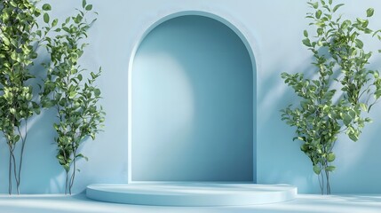 Fototapeta premium Blue background podium with arch and plants on both sides, minimal style, pastel color palette, simple design, high resolution