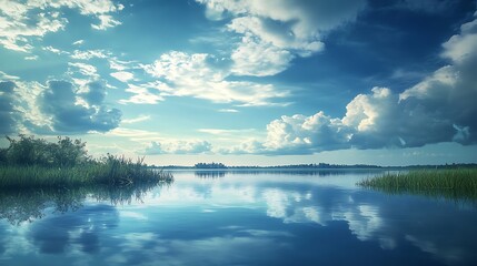 Tranquil Lake Reflecting a Cloudy Sky
