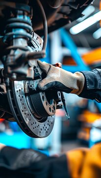 Mechanic's Hands Repairing Brake Pad in Organized Garage, Close-Up of Tools and Brake Assembly