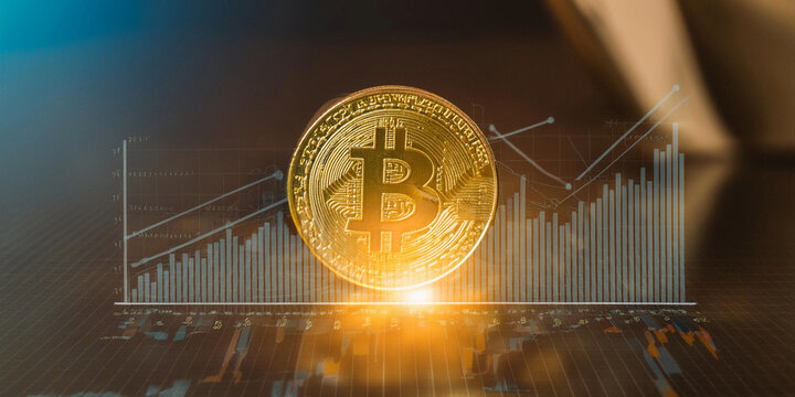 moneda dorada cripto bitcoin sobre un fondo graficos que muestra tendencia alcista ganancias y rendimientos exponenciales