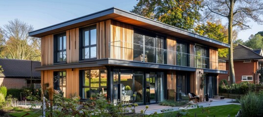 Fototapeta premium Modern Sustainable Home with Insulated Cladding and Triple Glazed Windows in Eco-Friendly Neighborhood