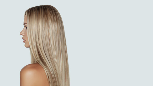 Beautiful portrait of a woman in profile with long shiny blond hair and copy space.
