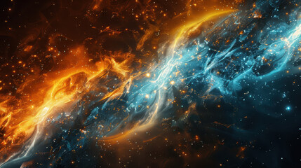 Fototapeta premium A mesmerizing nebula scene, streams of warm oranges and cool blues swirling together, sprinkled with bright starlight, vast dark space background