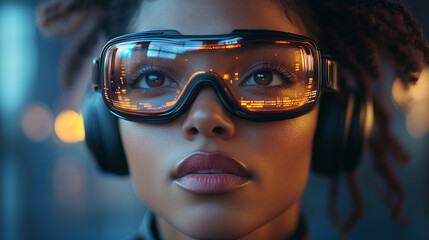 Futuristic Professional Woman Utilizing Augmented Reality Glasses for Advanced Digital Interface Interaction
