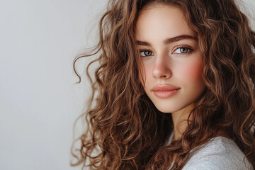 Fototapeta premium Woman with long thick curly brown hair on a light background. Looks at the camera and smiles.