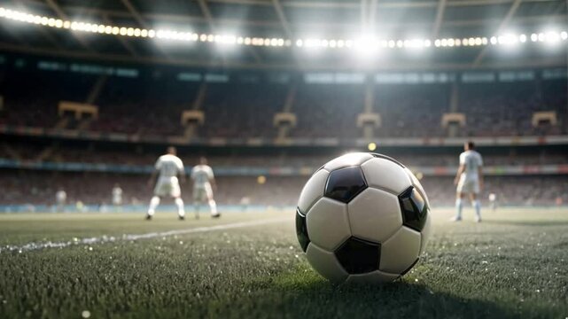 The soccer ball rolls across the lush green field of the stadium, during a crucial match in the prestigious Champions League with copy space. Generative AI