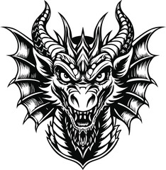 a monochrome classic highly detailed dragon head vector illustration silhouette monochrome style
