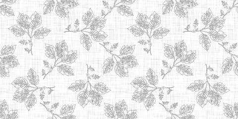 White neutral minimal botanical leaf motif with Linen effect texture for baby nursery seamless background. Modern muted simple soft motif pattern for wallpaper, home decor white gray design. 