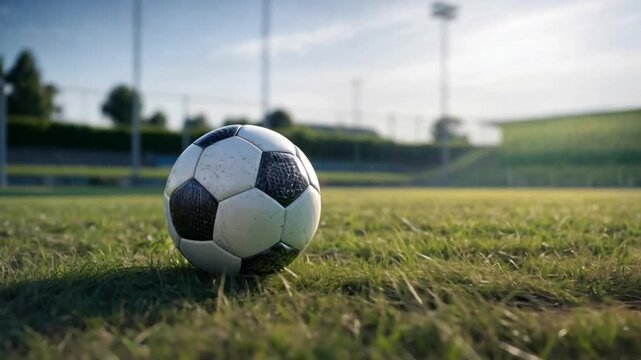 The soccer ball with copy space on sprawling green field, the important match in the Champions League. World of football. Generative AI