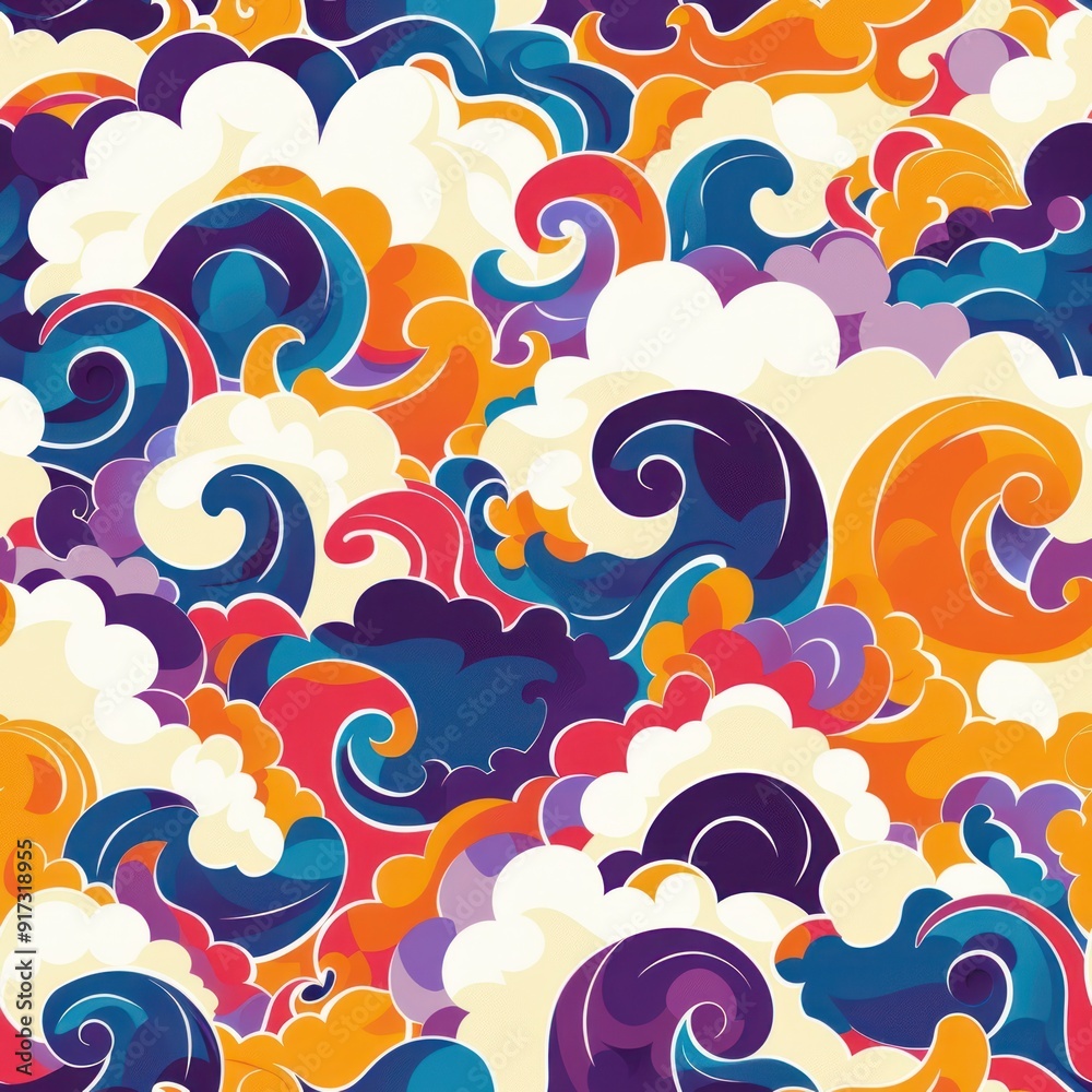 Wall mural abstract colorful swirls and clouds seamless pattern.