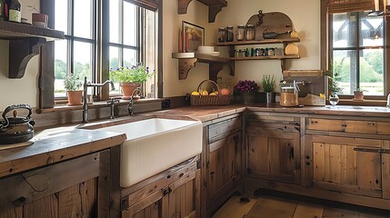  A rustic kitchen with wooden cabinets a large farmhouse sink and open shelving 