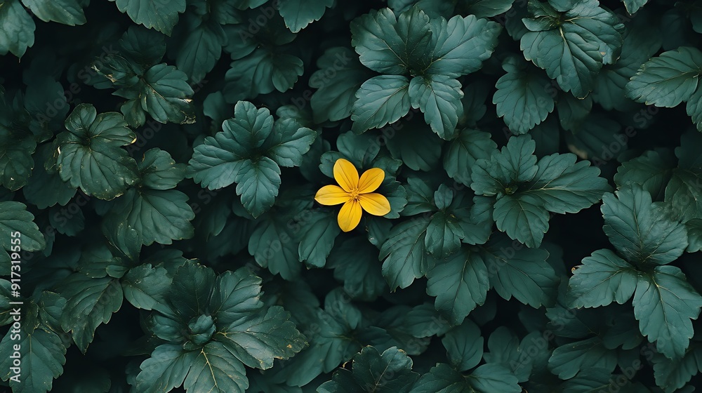 Poster single yellow flower amidst lush green foliage