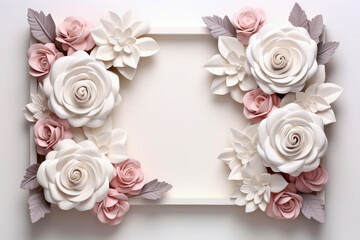 generated illustration of frame of paper flowers on pastel pink background  top view