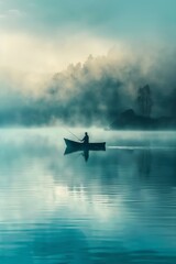 Serene Lake at Dawn with Mist and Lone Fisherman in Boat - Capturing Tranquility and Freedom