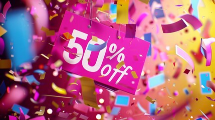 A 50 off sign is on top of a pile of confetti. The confetti is scattered all over the image, creating a festive and celebratory atmosphere