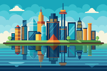 skyline with reflections in a water body below art vector