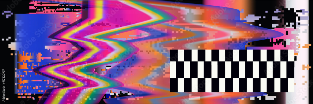 Poster Broken glitched screen with colorful random neon pixel and flickers. Webcore style aesthetics of the early 00s internet art.