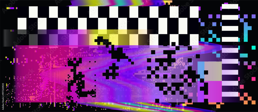 Poster Broken glitched screen with colorful random neon pixel and flickers. Webcore style aesthetics of the early 00s internet art.