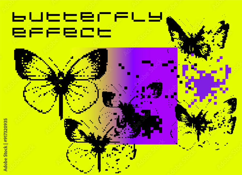 Aufkleber pixel art collage with images of distorted butterfly silhouettes. illustration in webcore aesthetics