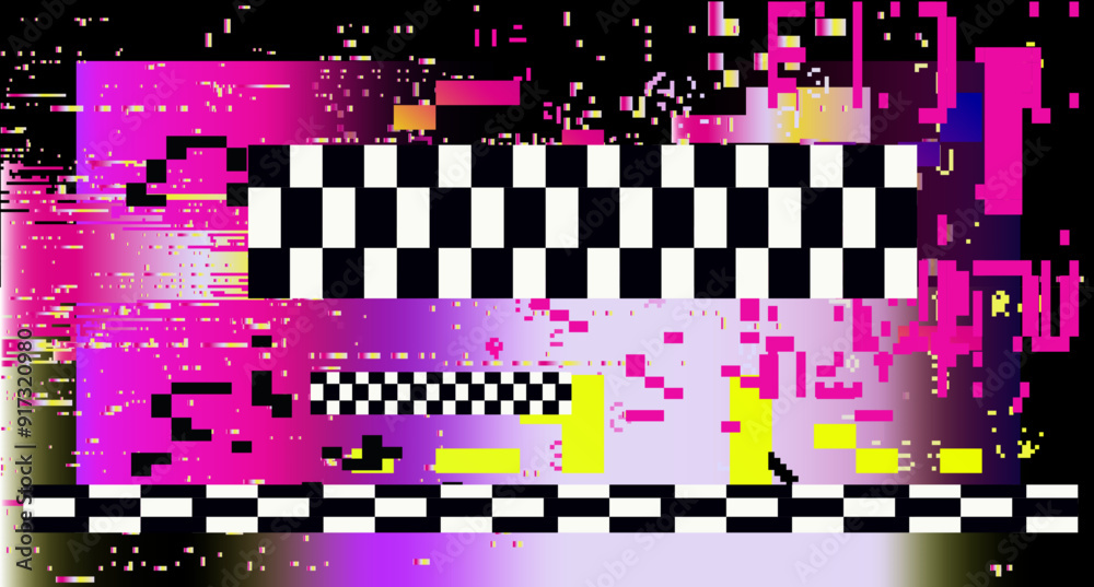 Poster broken glitched screen with colorful random neon pixel and flickers. webcore style aesthetics of the
