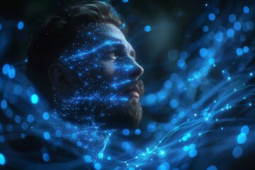 Man Surrounded by Blue Light Particles in a Dark Forest at Night
