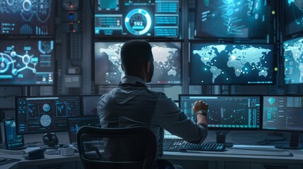 Security Analyst Configuring Cloud Storage on Multiple Monitors in High-Tech Control Room
