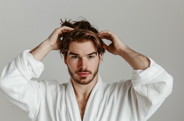 Caucasian man in a white bathrobe fixing his hair, looking intensely into the distance, indoors.