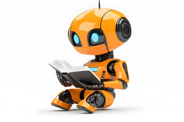 Fototapeta premium Cute friendly artificial intelligence robot reading book 3d illustration isolated on white. Chatbot and AI assistant concept