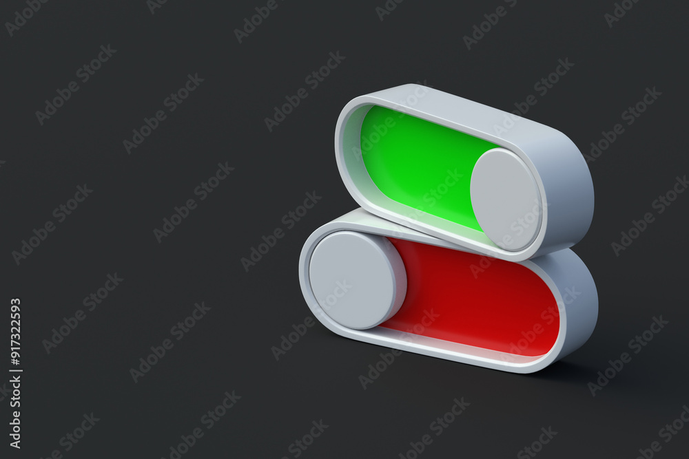 Sticker red and green toggle switches on black background. modern on, off button. user interface elements. c