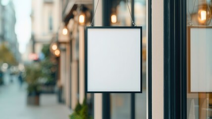 A blank sign hanging outside a stylish storefront, ready for personalization or branding opportunities in an urban setting.