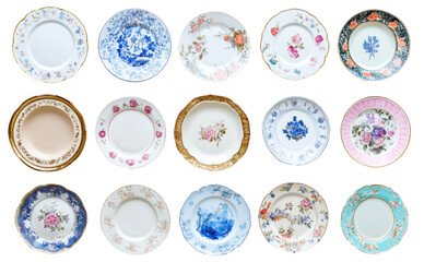 Collection of decorative plates with floral designs, cut out - stock png.