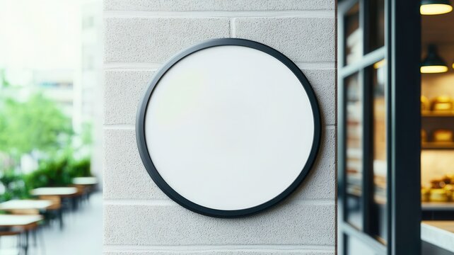 A blank round sign on a modern building exterior, perfect for customization or advertisement, surrounded by a lively outdoor setting.